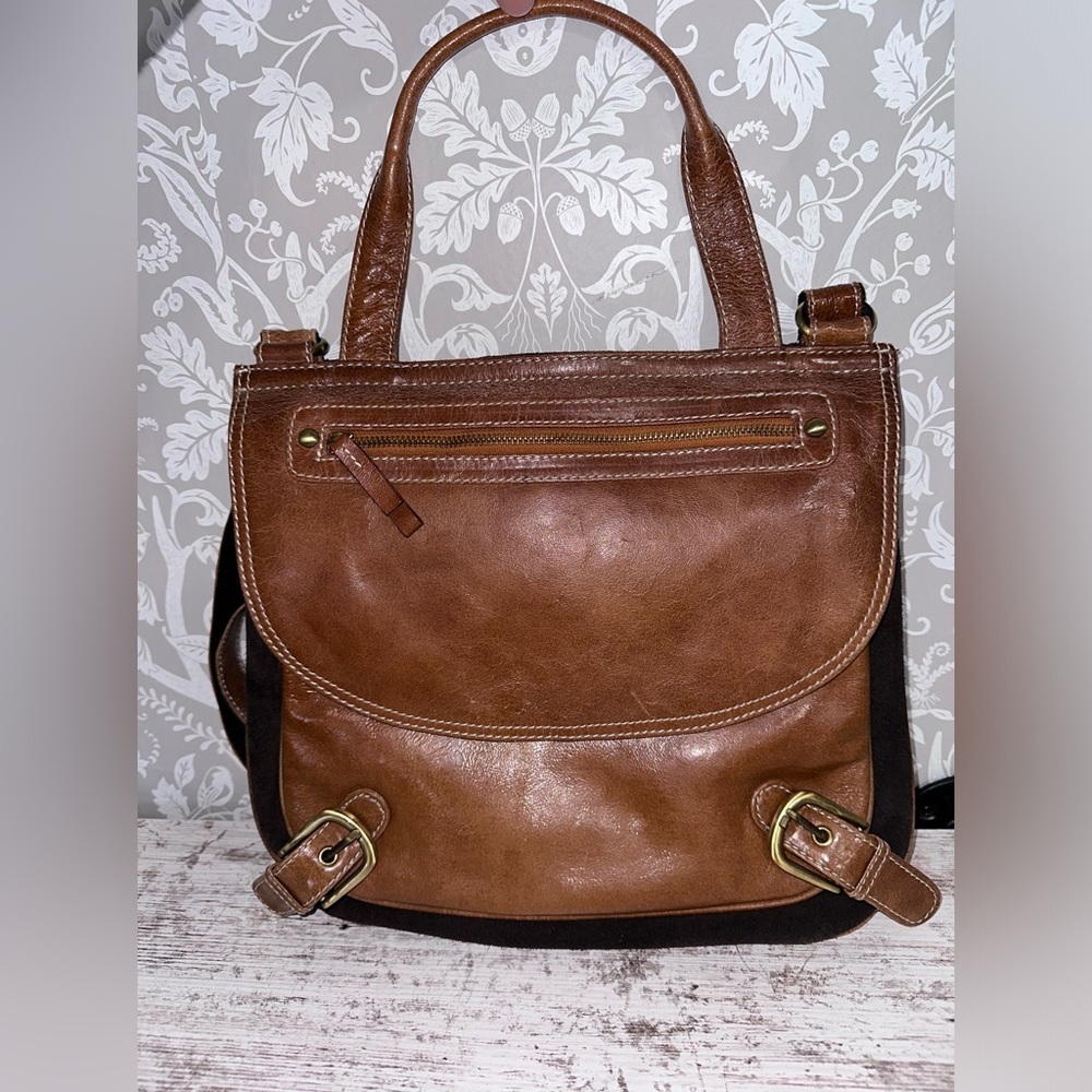 Sophia Visconti Purse Brown Suede And Patent Leather Brown Pink/ white lining